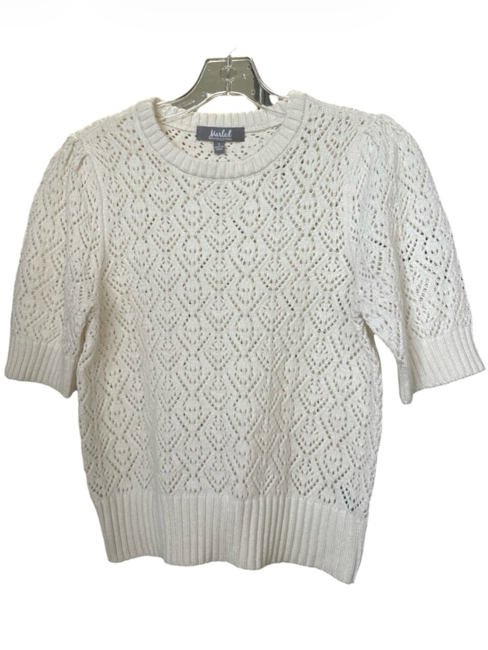 Marled Cream Open-Knit Short Sleeve Crewneck Sweater